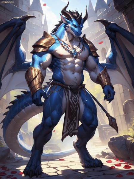 35490-945663470-uploaded on e621, (male anthro dragon), standing, solo, muscle, detailed scale texture, old castle, (battlefield), (tribal cloth.png